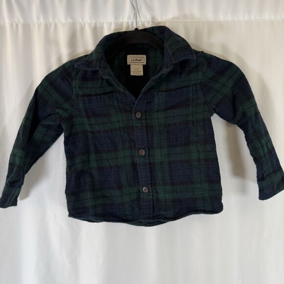 LL Bean Flannel Shirt Toddler 3T Green Plaid Button Up Long Sleeve 100% Cotton - Picture 1 of 9